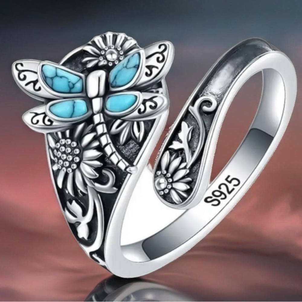Sterling Silver 925 Dragonfly Ring with Turquoise Accents